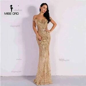 Miss Ord Gold Sequin Off Shoulder Formal Evening Gown